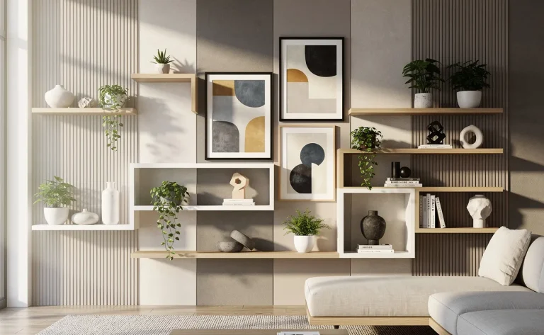 Un mur de salon décoré avec des panneaux texturés, des œuvres abstraites encadrées et des étagères géométriques garnies de plantes et d’ornements sous une lumière naturelle douce.