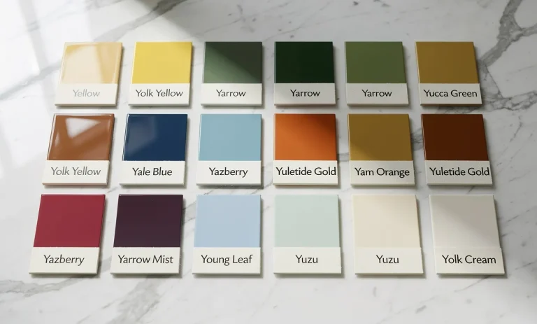 Nuancier de peintures brillantes aux noms de couleurs débutant par Y, disposé sur un plan en marbre blanc sous une lumière naturelle douce.