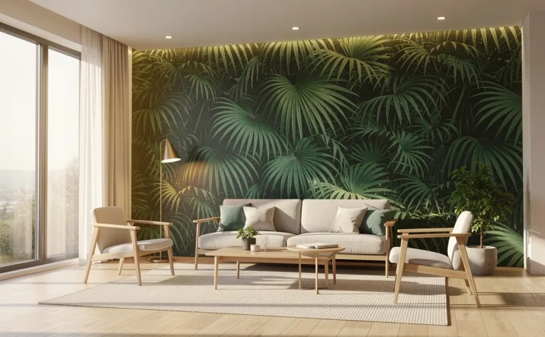 Salon moderne avec un mur accent végétal orné de feuilles de palmier, mobilier scandinave et lumière naturelle douce.
