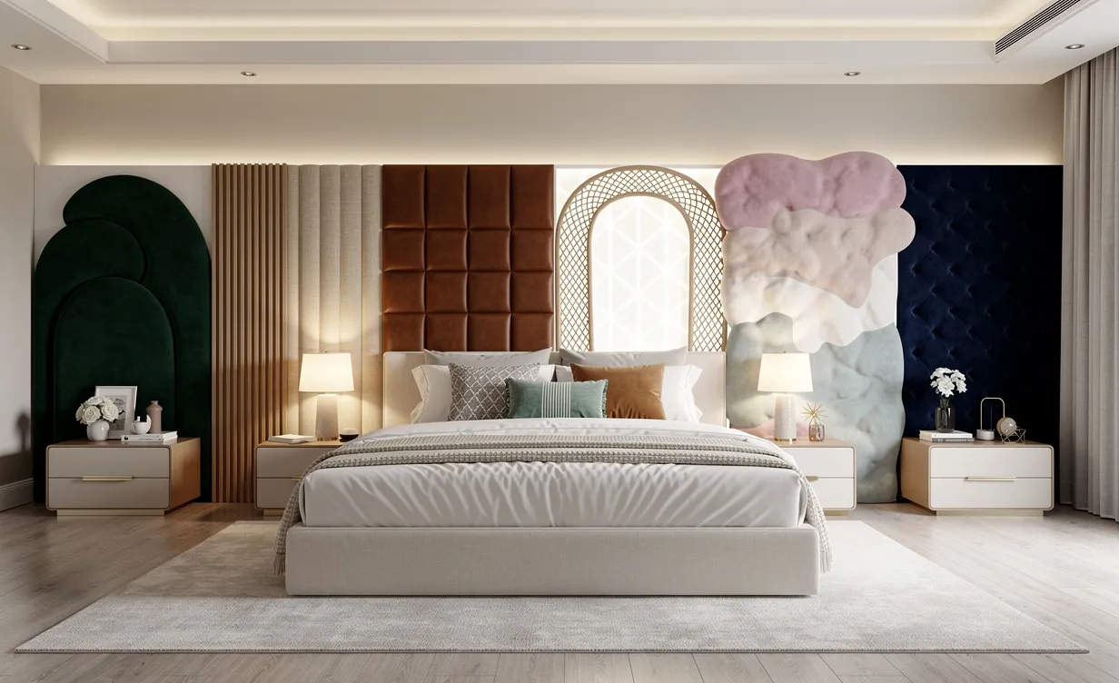 Chambre élégante avec huit têtes de lit originales aux formes, couleurs et textures variées, intégrées dans une ambiance douce.