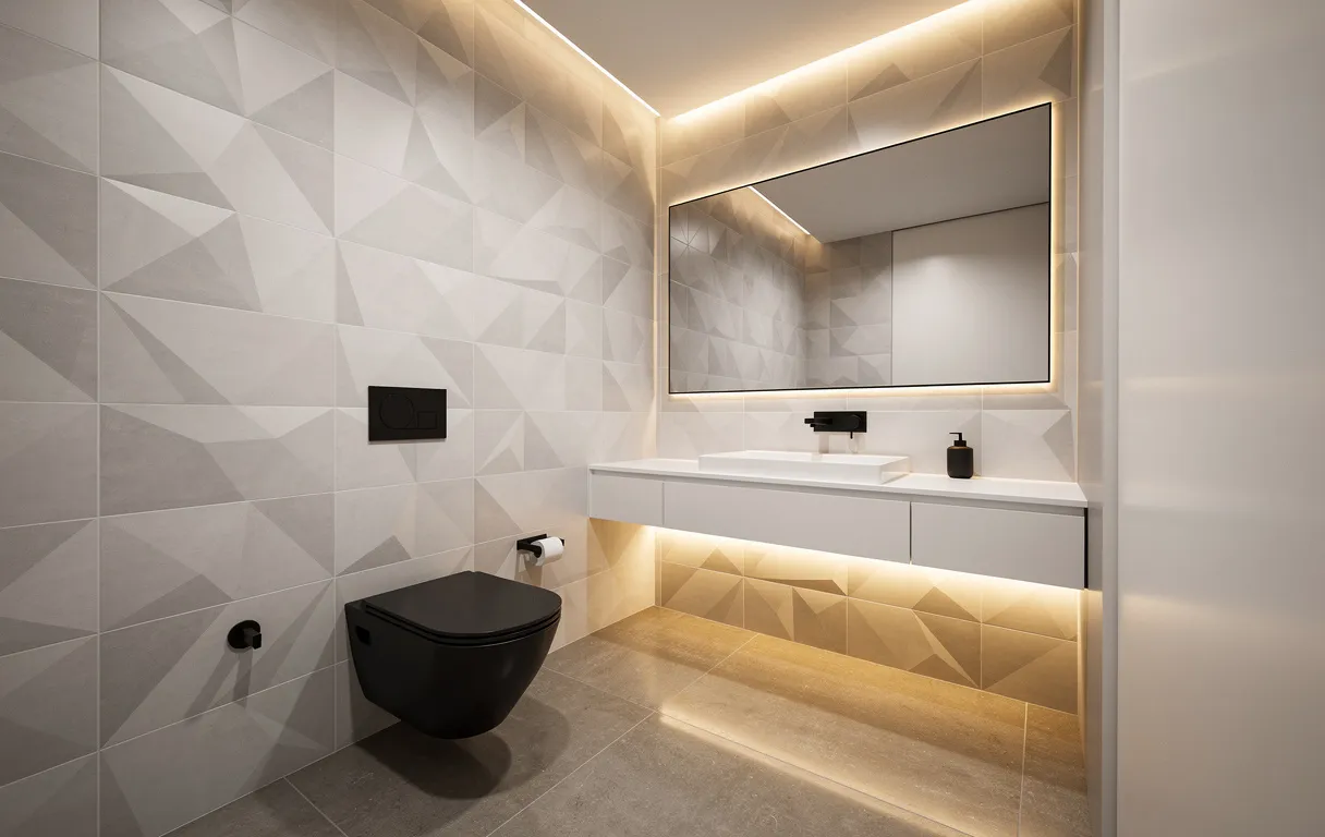 Toilettes modernes avec robinetterie noire mate, carrelage géométrique, lavabo suspendu et éclairage d’ambiance tamisé.
