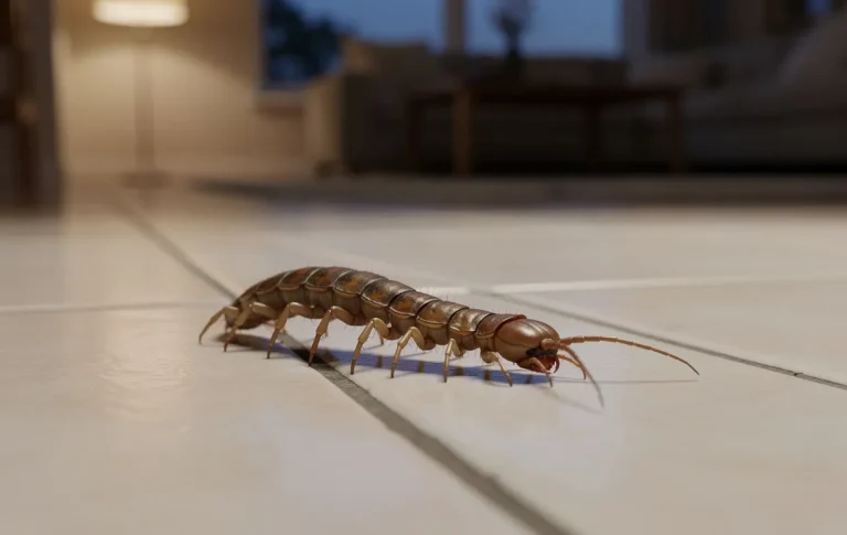 Un mille-pattes brun pâle rampe lentement sur le carrelage d’un salon faiblement éclairé au crépuscule.