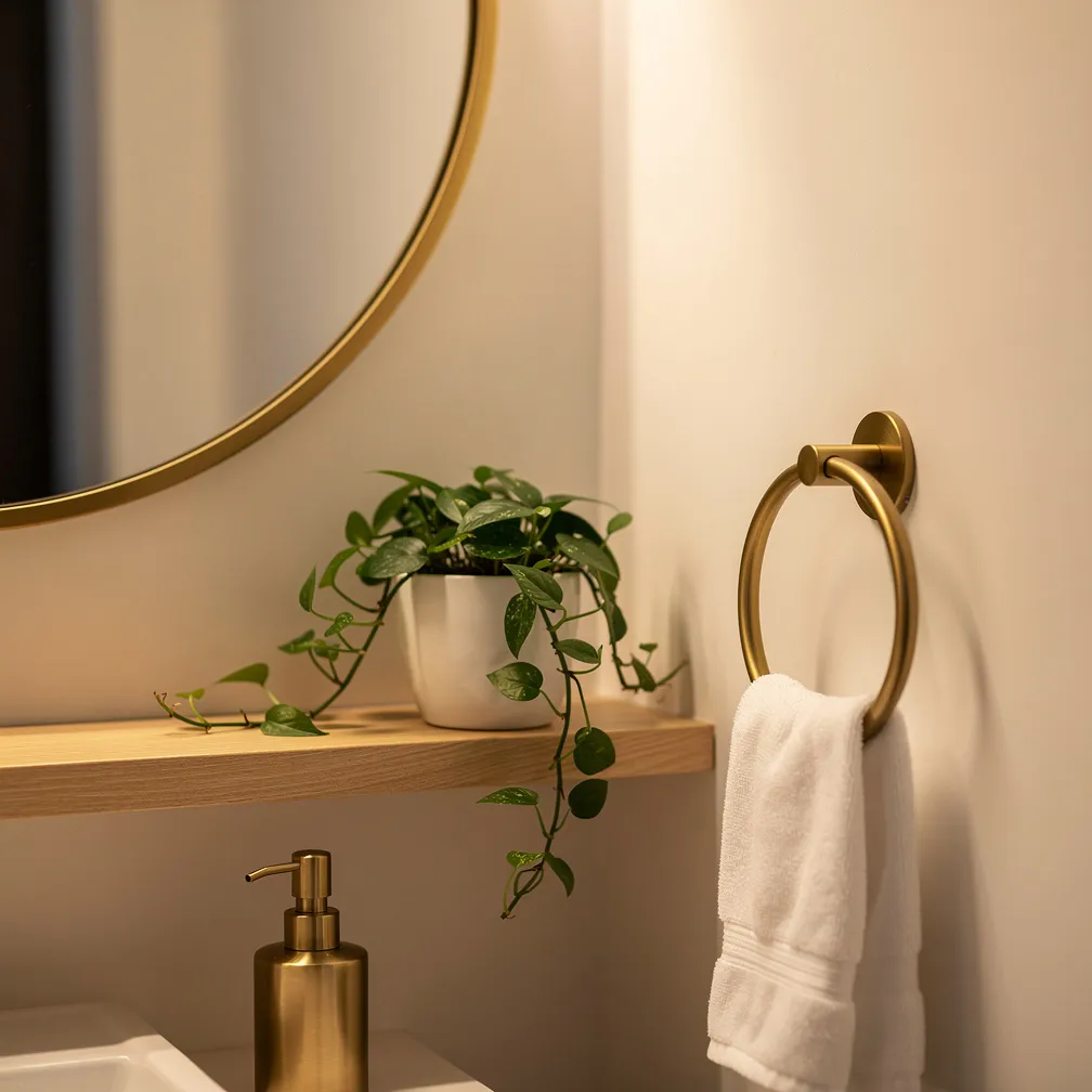 Detail decoration WC avec miroir rond en laiton, plante verte et accessoires dores