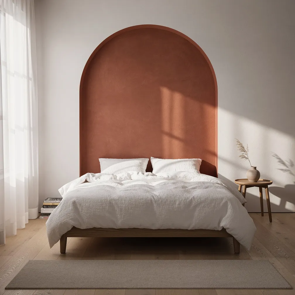 Tete de lit arche peinte en terracotta sur mur blanc dans une chambre lumineuse
