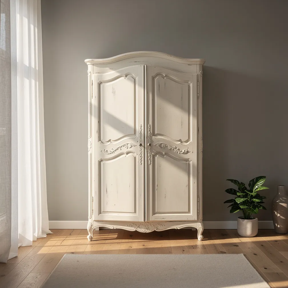 Armoire en bois repeinte en blanc casse avec peinture a la craie, salon minimaliste baigne de lumiere naturelle
