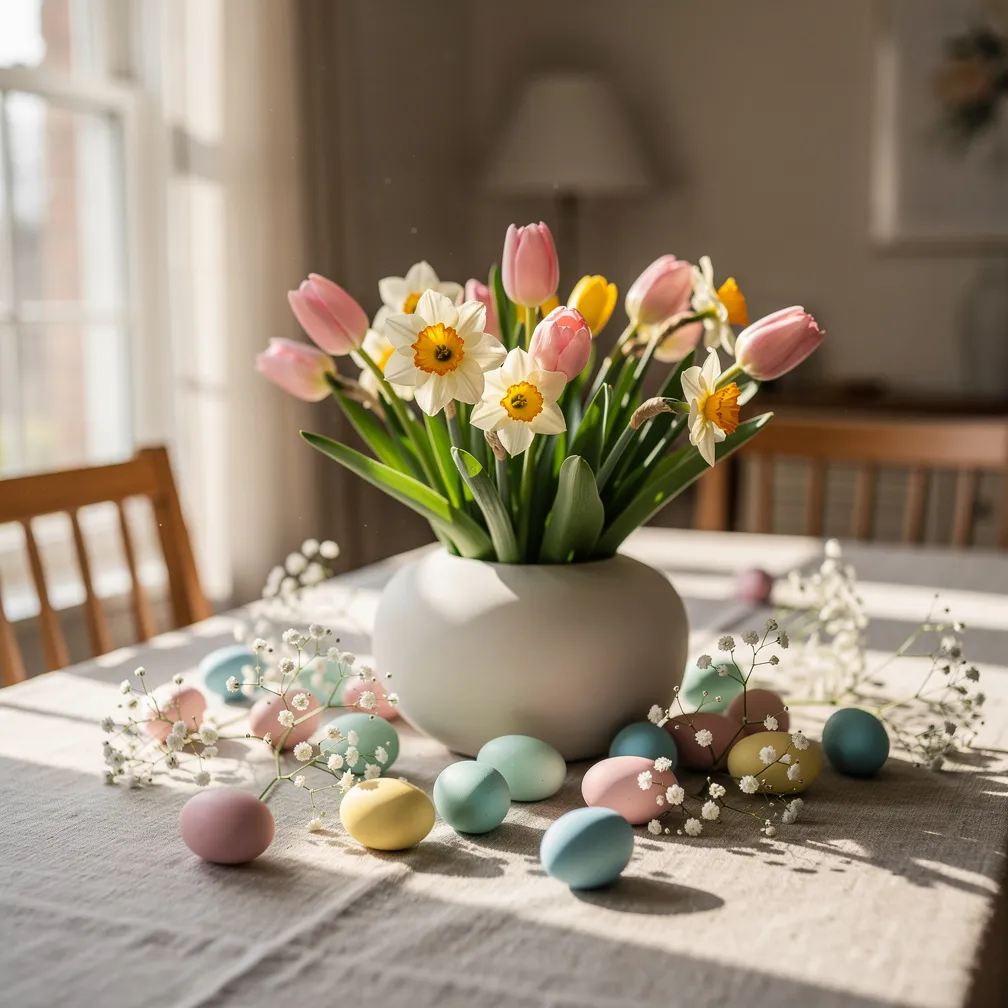Bouquet de tulipes et narcisses dans un vase bas entouré d'oeufs pastel sur nappe en lin