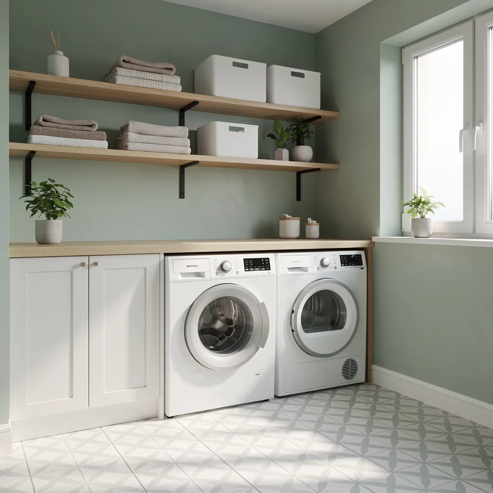 Buanderie style scandinave avec murs vert sauge, plan de travail en chêne et carrelage géométrique