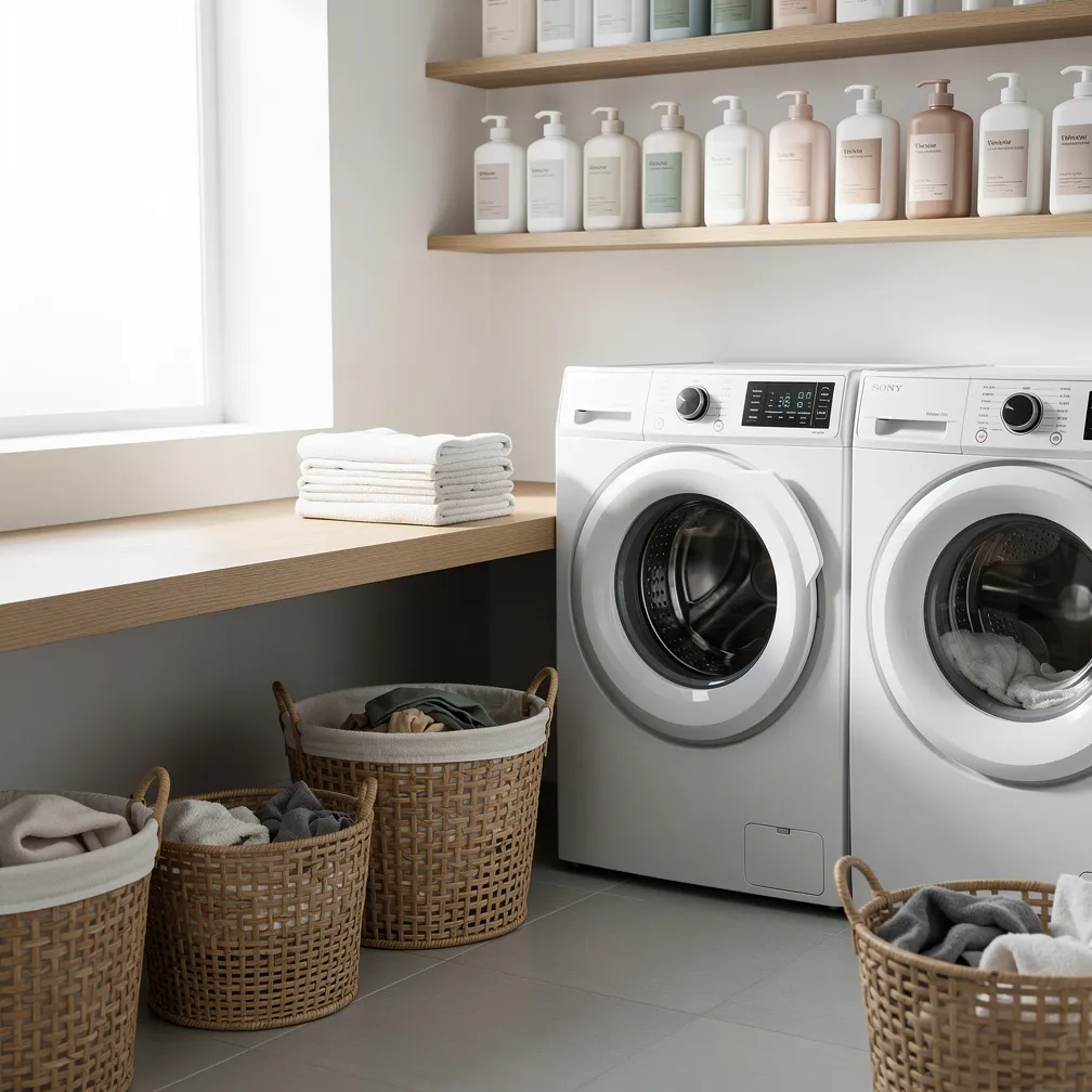 Buanderie lumineuse avec machine à laver, comptoir de pliage et paniers de tri