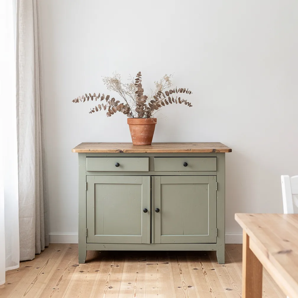 Buffet rustique peint en vert sauge dans une salle a manger aux murs blancs style scandinave avec pot en terre cuite et eucalyptus