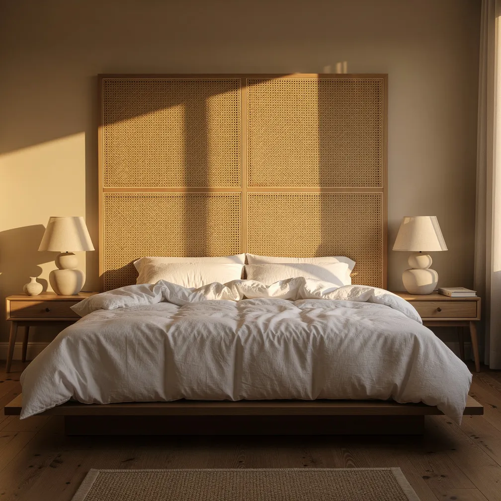 Panneau de cannage tresse en rotin servant de tete de lit dans une chambre chaleureuse