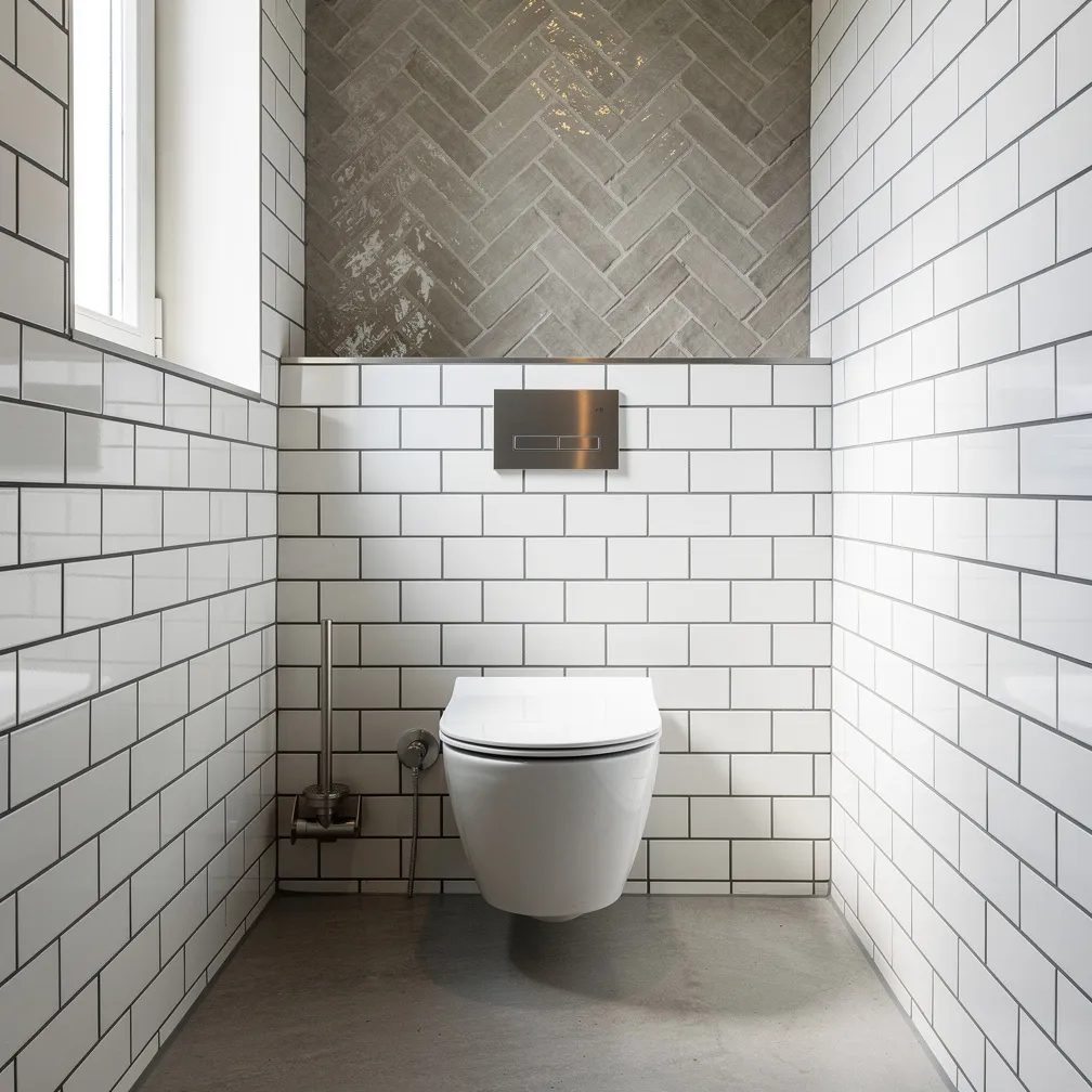 Toilettes avec carrelage metro blanc et zelliges en chevron sur les murs