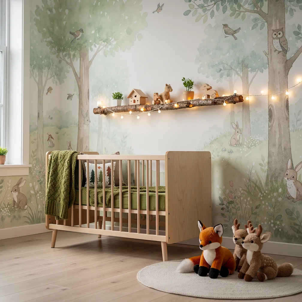 Nursery forêt enchantée avec berceau en bois et peluches animaux