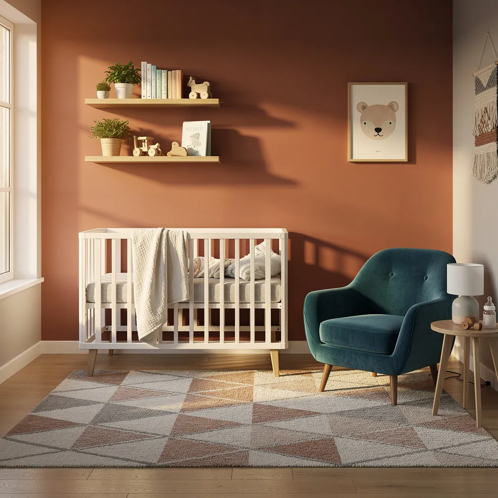 Chambre bébé moderne avec mur accent terracotta et fauteuil bleu canard