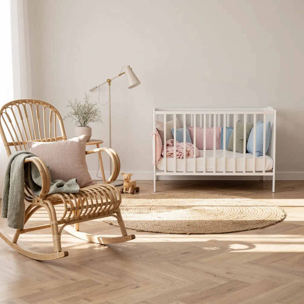 Chambre bébé minimaliste en rose poudré, vert amande et bleu ciel