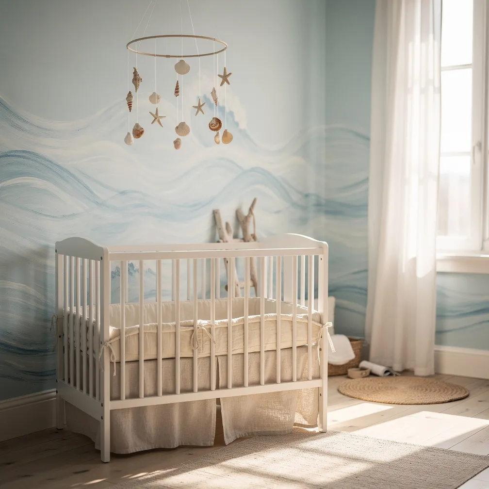Chambre de bébé aux tons bleu pâle avec thème océan et mobile en coquillages