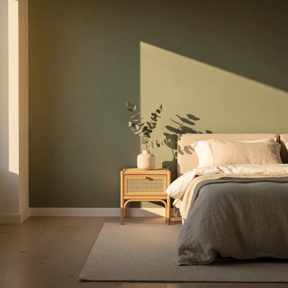 Chambre minimaliste avec murs peints en vert sauge, literie en lin naturel et table de chevet en rotin