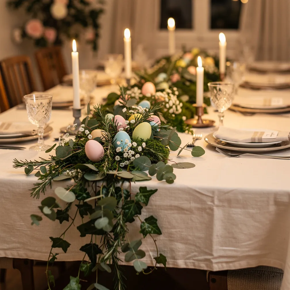 Guirlande d eucalyptus et de lierre parsemée d oeufs décoratifs au centre d une table dressée aux bougies