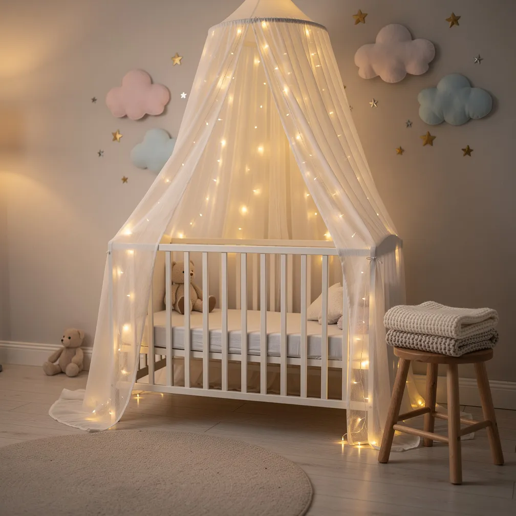 Coin berceau avec ciel de lit blanc, guirlande LED et stickers nuages