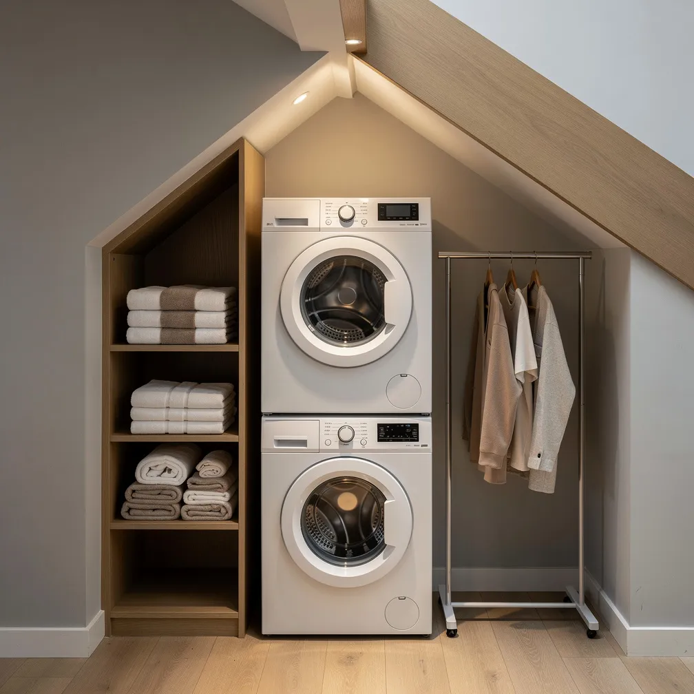 Coin buanderie compact sous un escalier avec lave-linge séchant et étagères