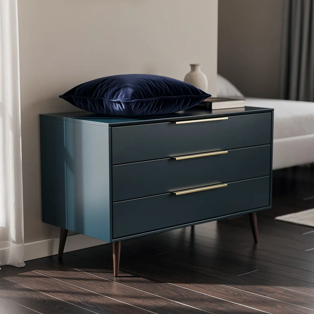 Commode mi-siecle peinte en bleu canard profond avec poignees en laiton brosse, chambre elegante au parquet sombre