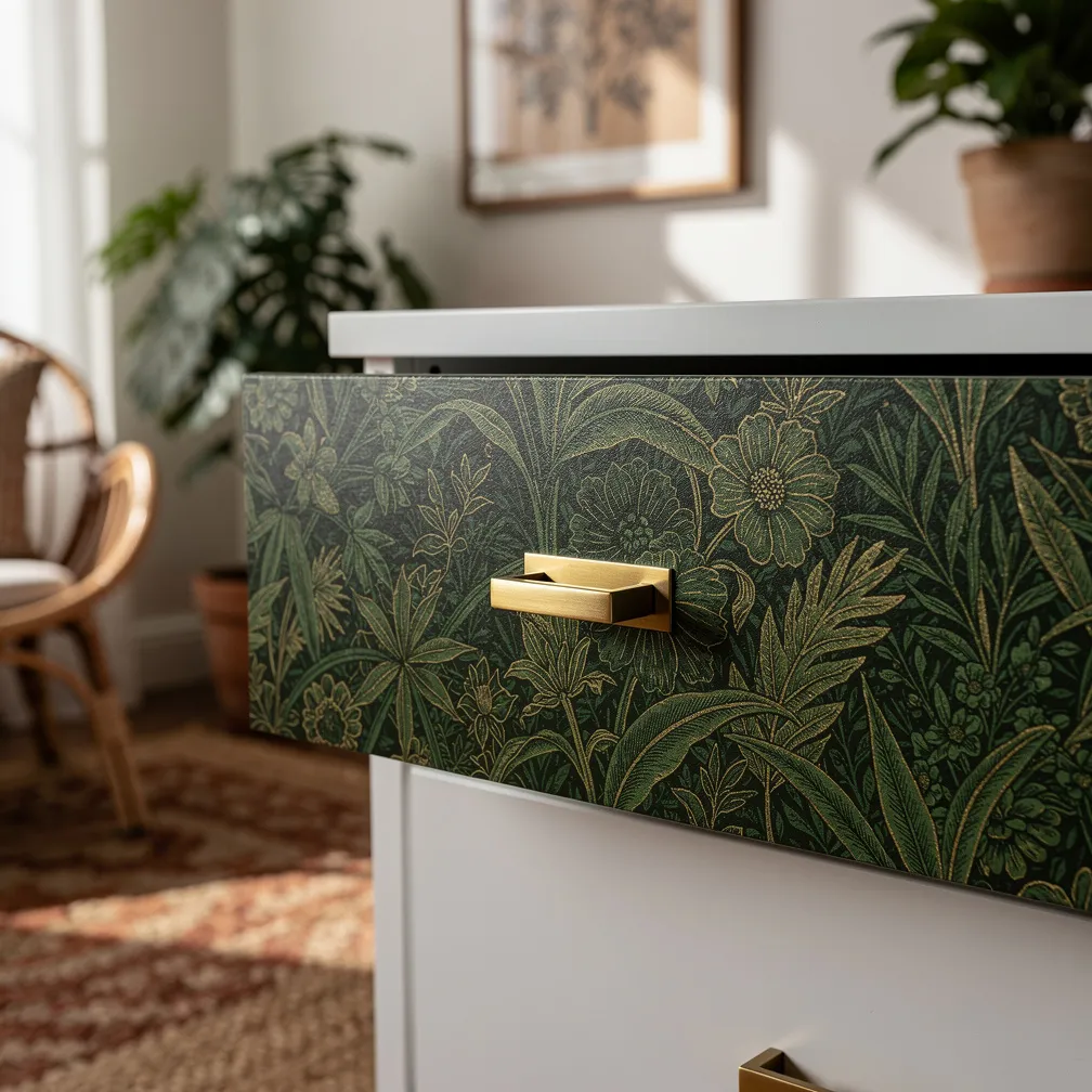 Commode customisee avec papier peint motif botanique vert et or sur les tiroirs