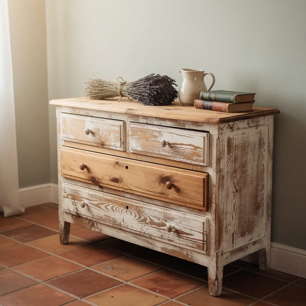 Commode rustique avec patine a la craie blanche laissant apparaitre le bois naturel