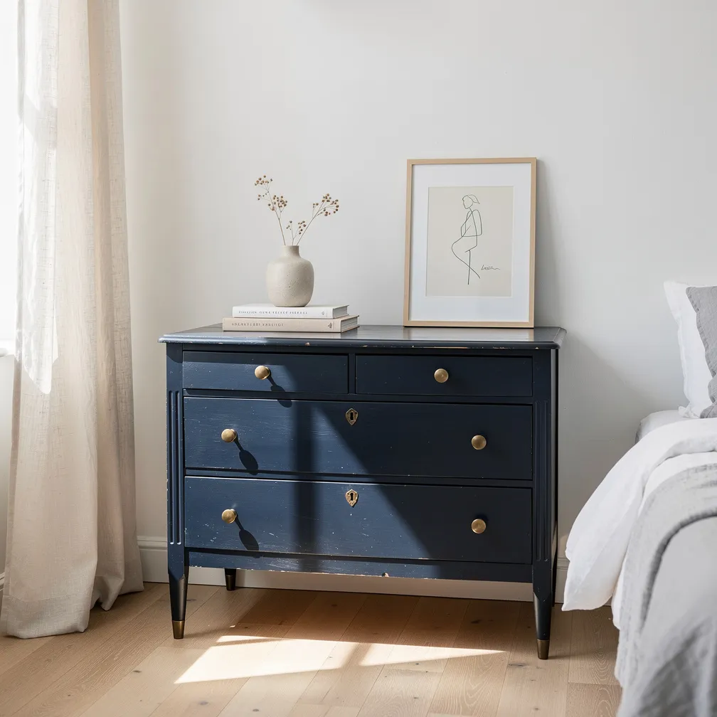 Commode ancienne repeinte en bleu nuit dans un interieur scandinave epure