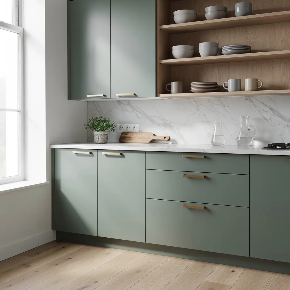 Cuisine moderne avec façades de placards vert sauge mat, poignées en laiton et plan de travail en marbre blanc