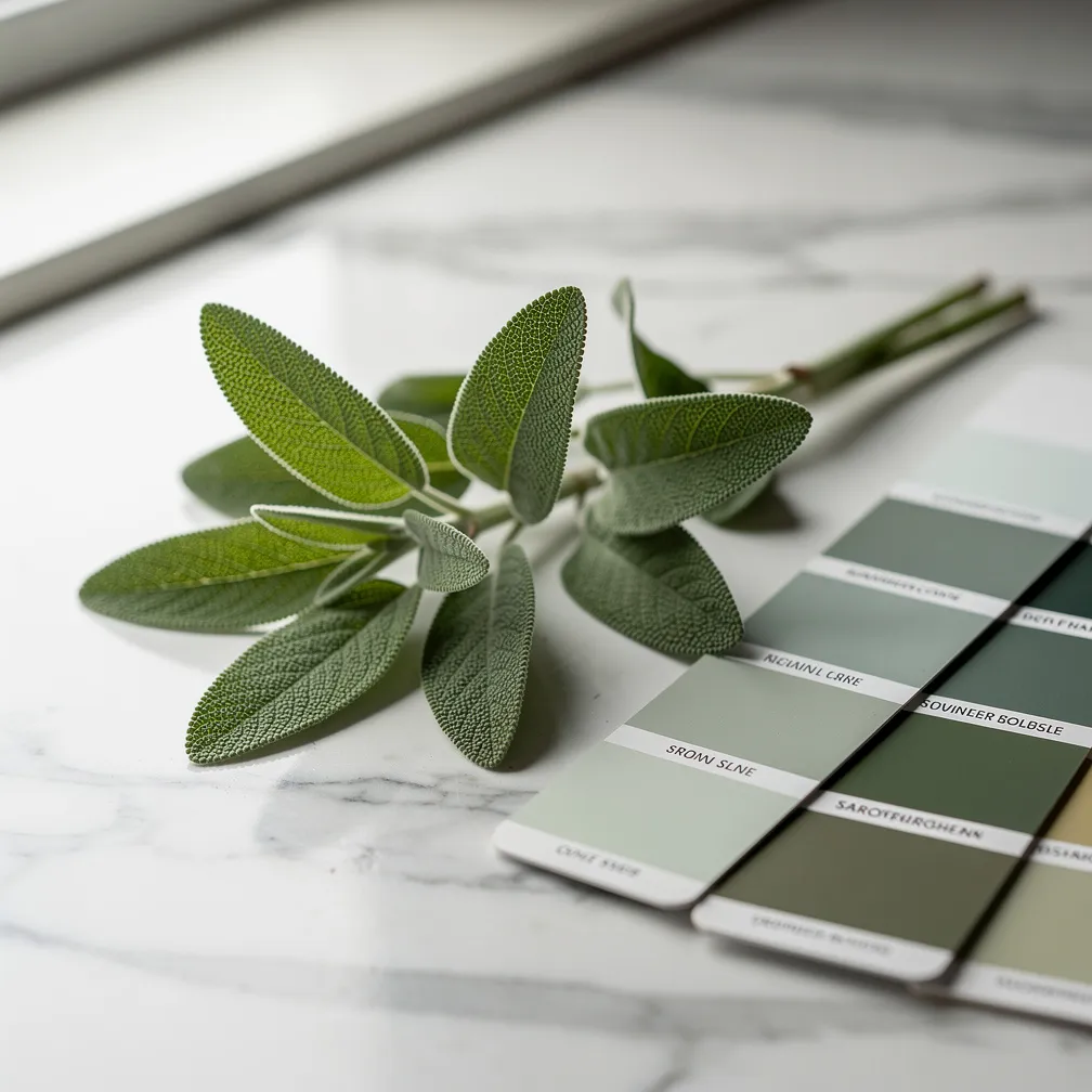 Feuilles de sauge fraîches disposées sur un marbre blanc à côté d un nuancier de verts doux