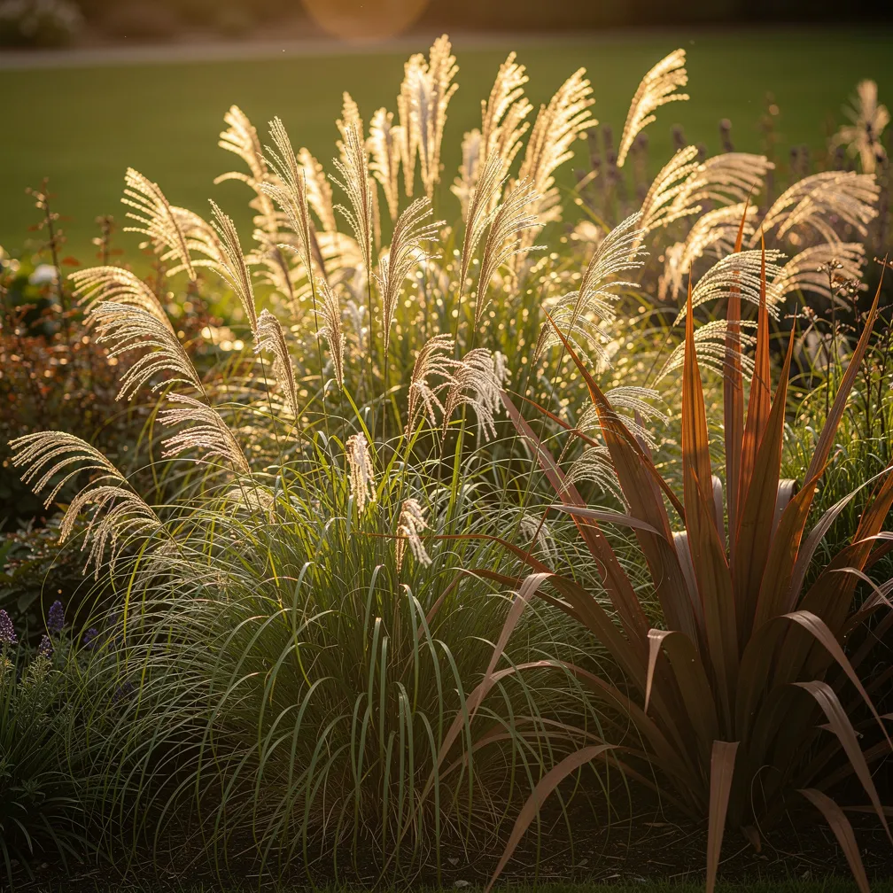 Massif de graminées ornementales avec miscanthus et phormium aux feuilles bronze en contre-jour
