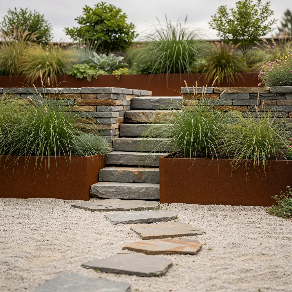 Jardin paysager avec jardinières surélevées en acier corten, murets en pierre et pas japonais