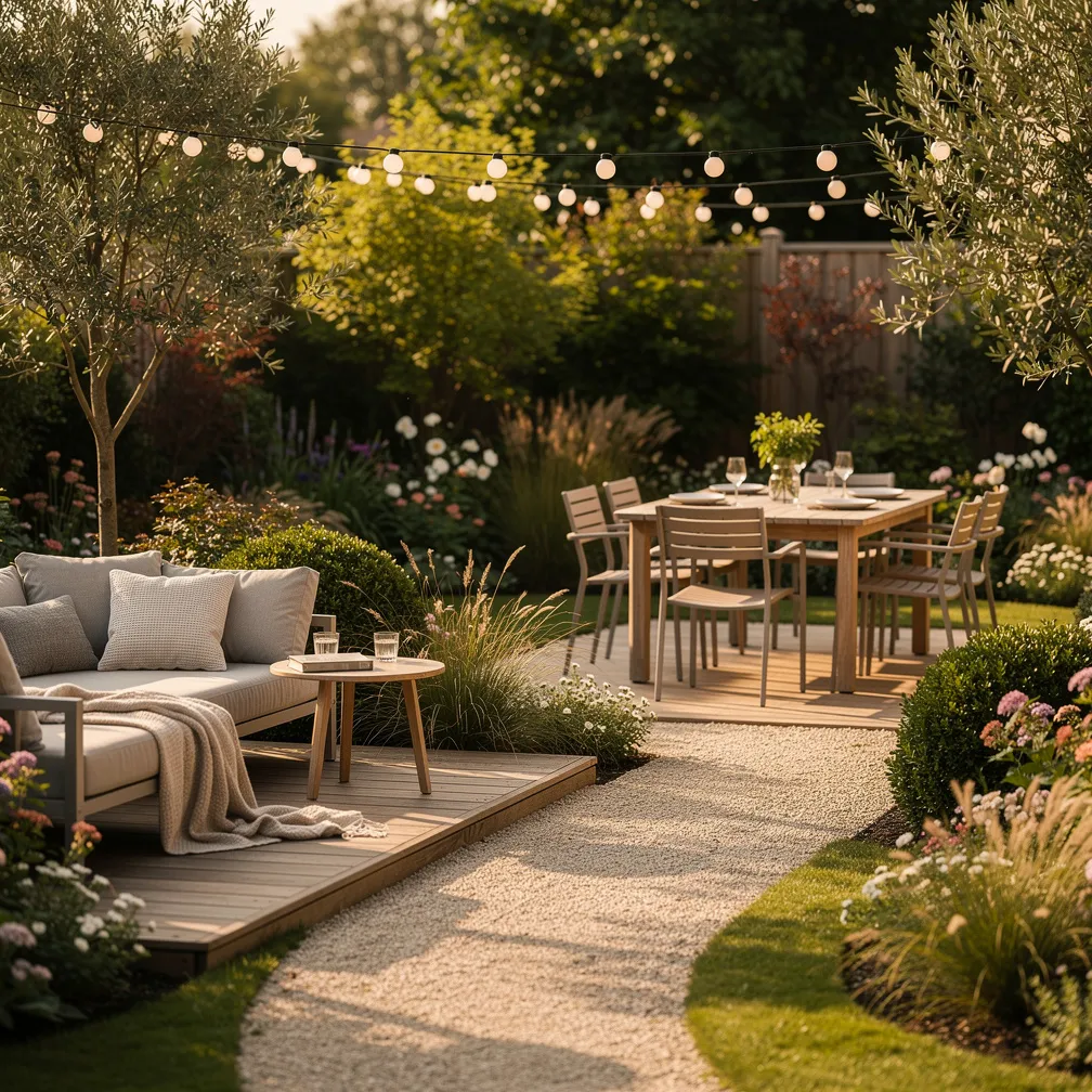 Jardin aménagé avec zone salon, espace repas sous guirlandes lumineuses et allée de gravier