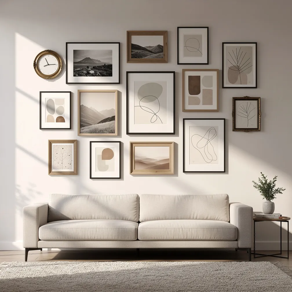Mur de cadres dépareillés disposés en galerie dans un salon lumineux avec des tailles et styles variés
