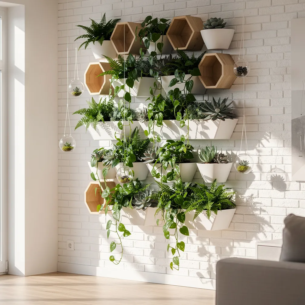 Mur végétal décoratif avec fougères succulentes et pothos dans des jardinières géométriques murales et terrariums en verre