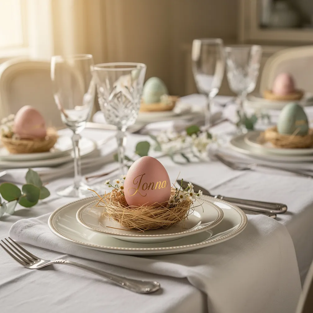 Oeufs pastel peints avec prénoms dorés posés dans des nids de paille sur serviettes blanches
