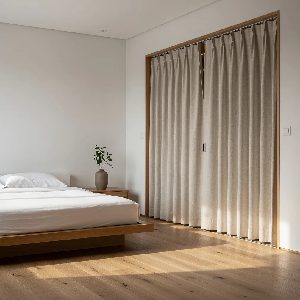 Panneaux japonais blancs et beiges masquant un dressing dans une chambre zen