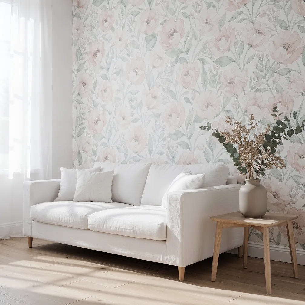 Salon lumineux avec papier peint floral aux tons rose et vert sauge
