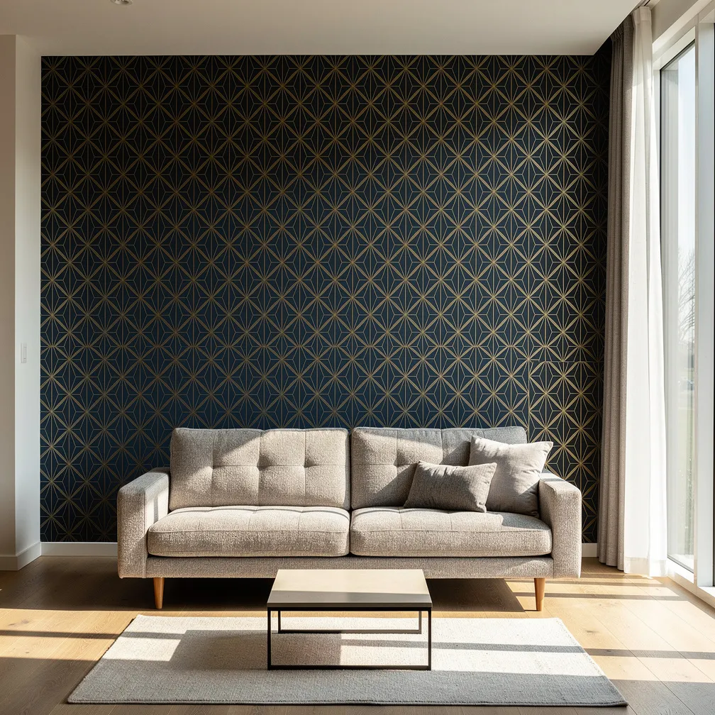 Salon moderne avec papier peint a motifs geometriques bleu marine et or