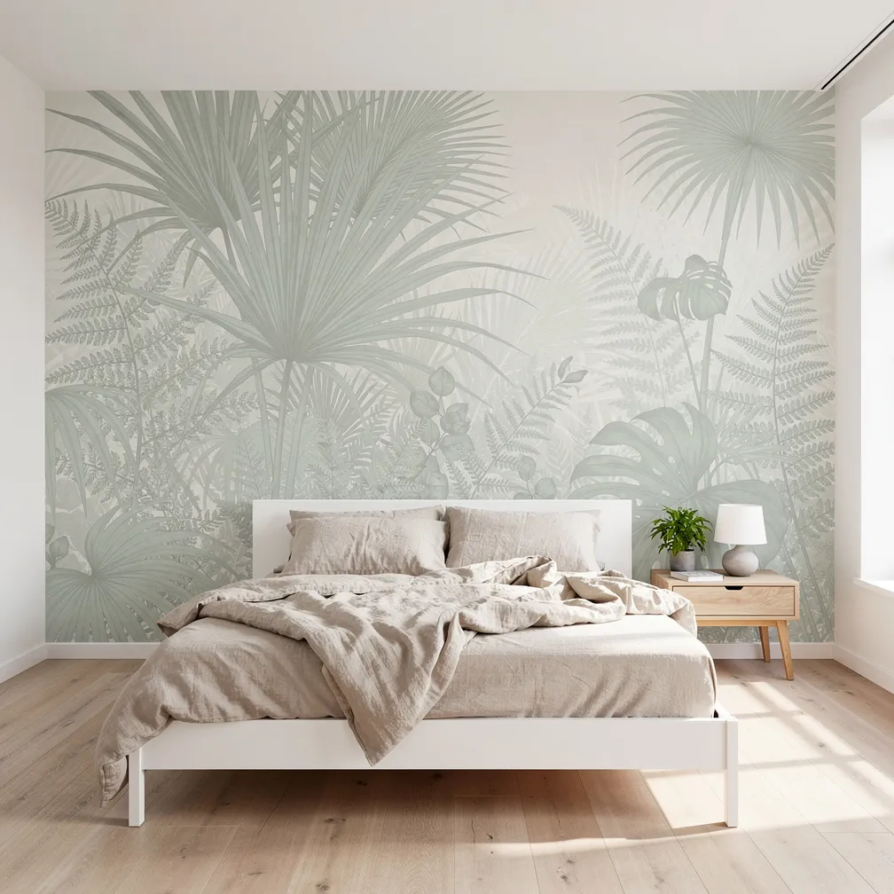 Papier peint mural a motif de feuilles tropicales vertes derriere un lit blanc