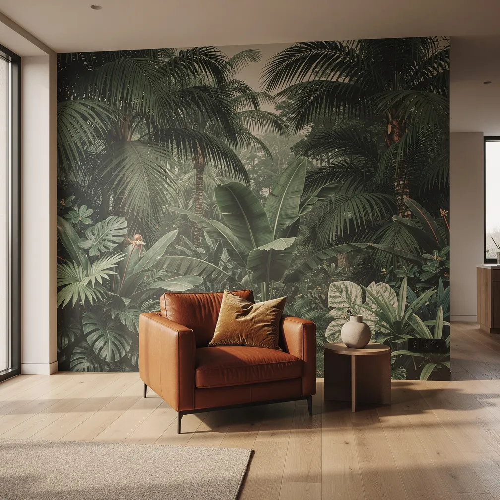 Salon avec papier peint panoramique mural representant une jungle tropicale