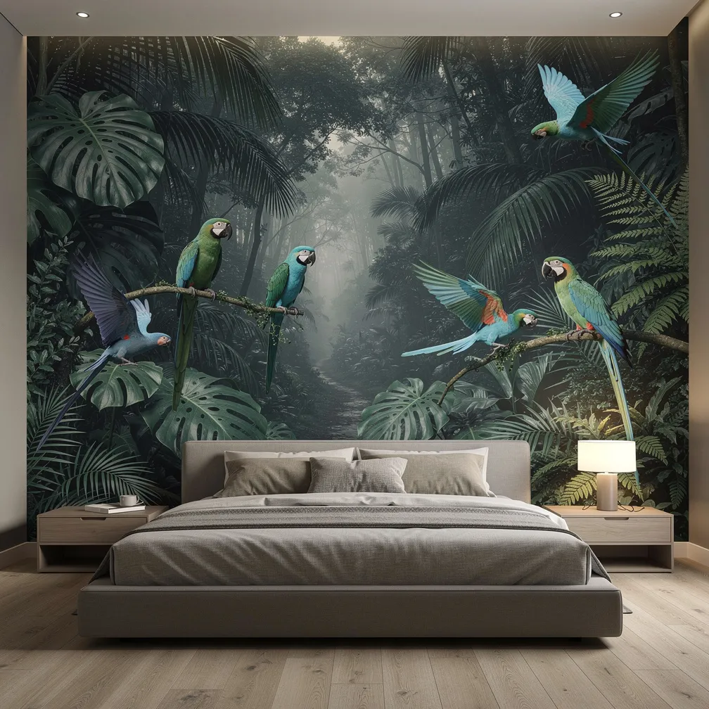 Papier peint panoramique avec fresque jungle tropicale sur un mur accent dans une chambre contemporaine