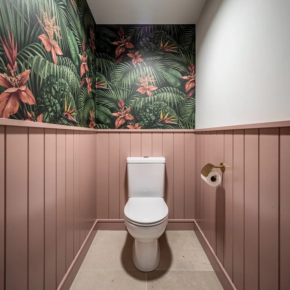 WC design avec papier peint vegetal tropical et lambris bois peint en rose