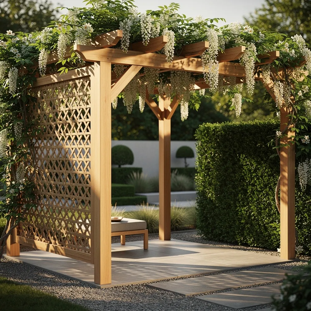 Pergola en bois couverte de glycine avec claustra et haie taillée dans un jardin contemporain