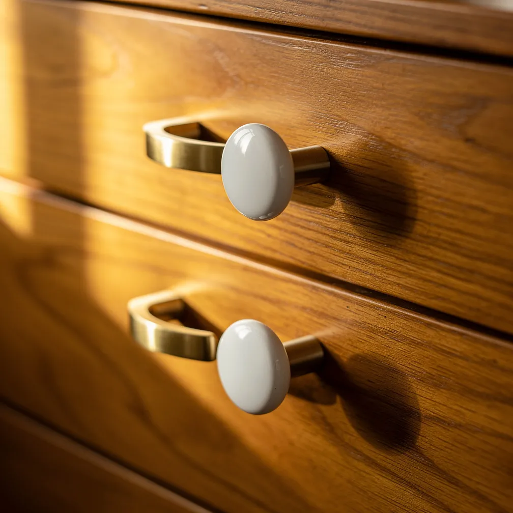 Detail de poignees en laiton brosse et boutons ceramique sur une commode mid-century