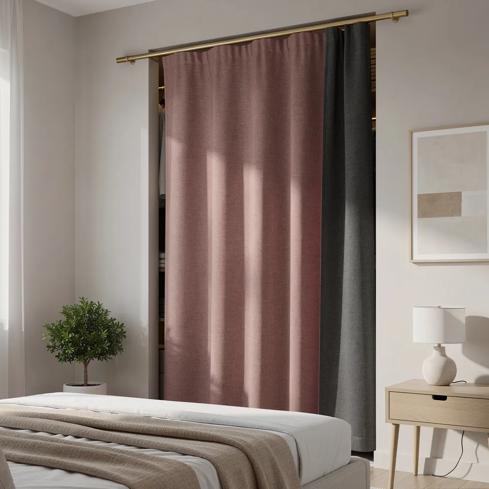 Rideau double face rose et gris anthracite devant un dressing moderne
