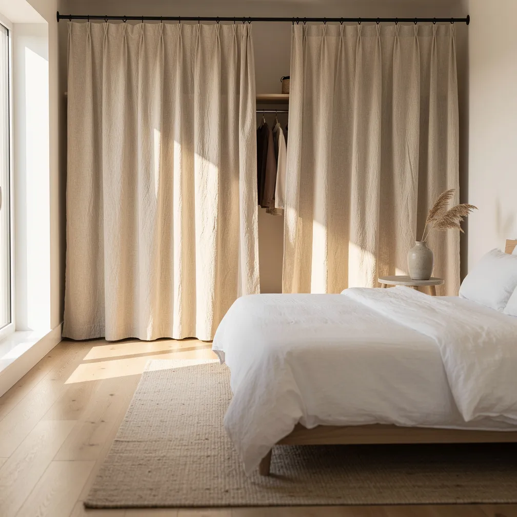 Rideau en lin lave beige naturel devant un espace dressing lumineux