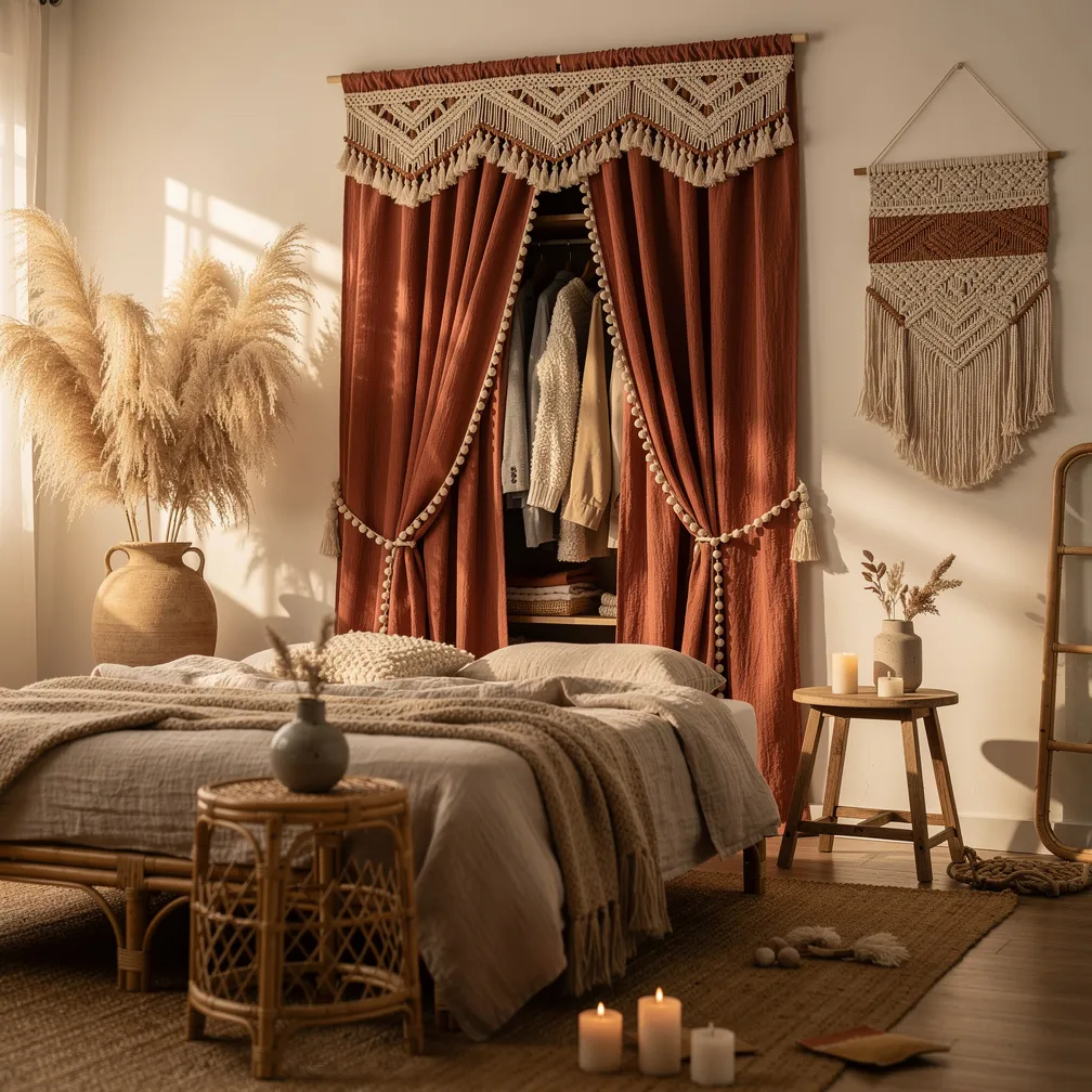 Rideau en macrame et coton terracotta devant un dressing style boheme