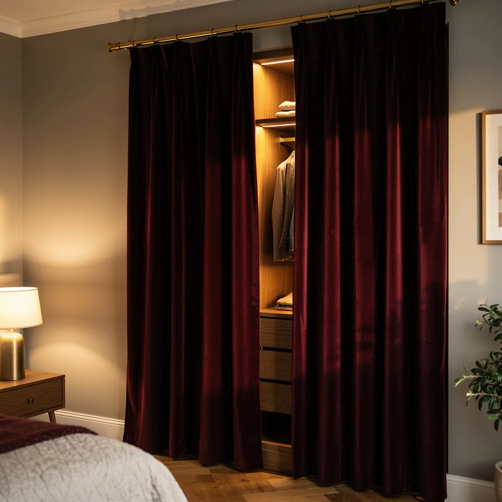 Rideau en velours bordeaux cachant un dressing ouvert dans une chambre cosy