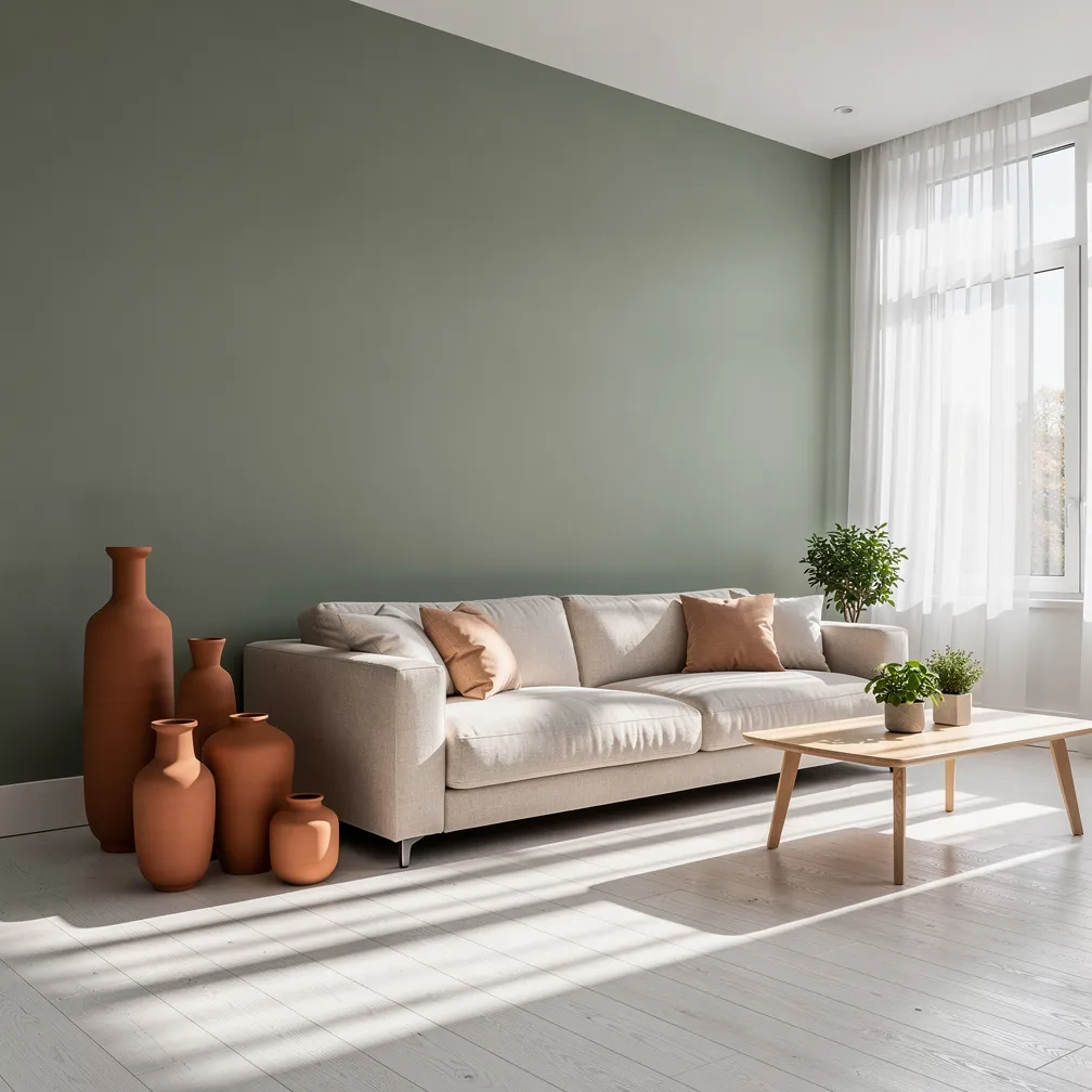 Salon élégant avec mur accent vert sauge, vases terracotta et canapé beige en lin