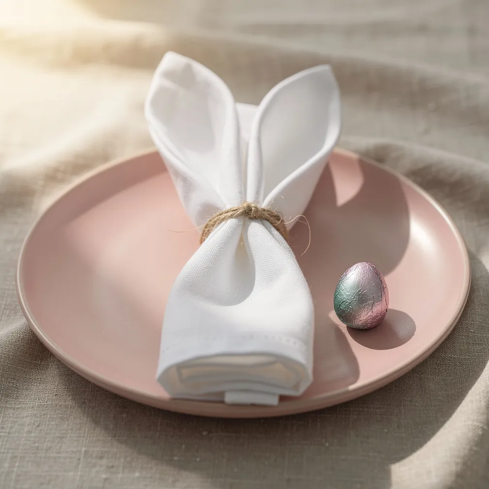 Serviette blanche pliée en forme d oreilles de lapin dans un rond de ficelle sur assiette rose pastel